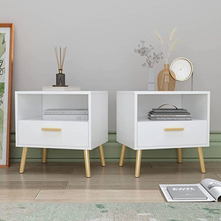 Everly Quinn Set Of 2 Modern White Nightstands With Gold Metal Legs